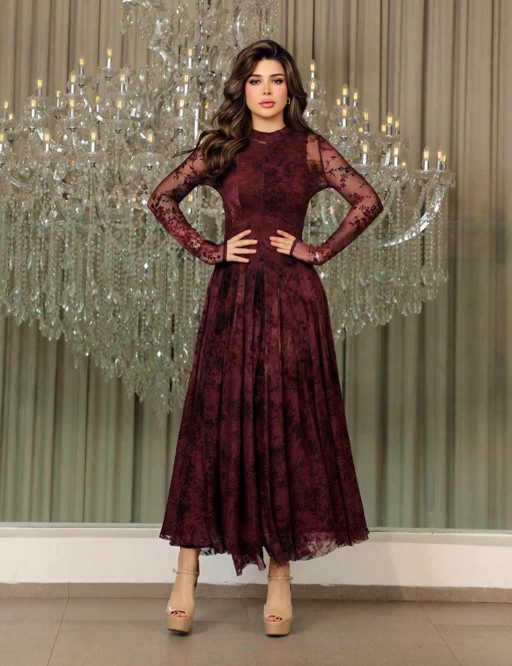 knee length dresses for ladies Cream Long Sleeves Arabic Evening Dresses ss696 Cream / 14 main image 1