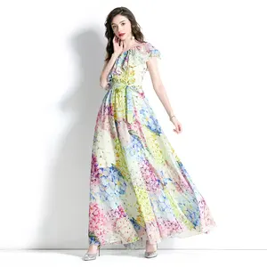 Wholesale Bohemian Elegance One Oblique Shoulder Falbala Chiffon Casual Dresses