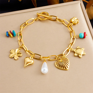 Fashion Charm Bracelet Gold Tone Multi Element Pendant Chain Unisex Jewelry - Product Image 3