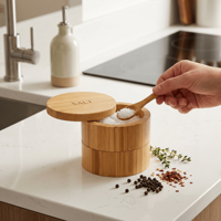 GL grosir kotak penyimpan bambu 2 tingkat, teh bambu bulat garam bumbu dan Lada dengan tutup putar magnetik untuk dapur
