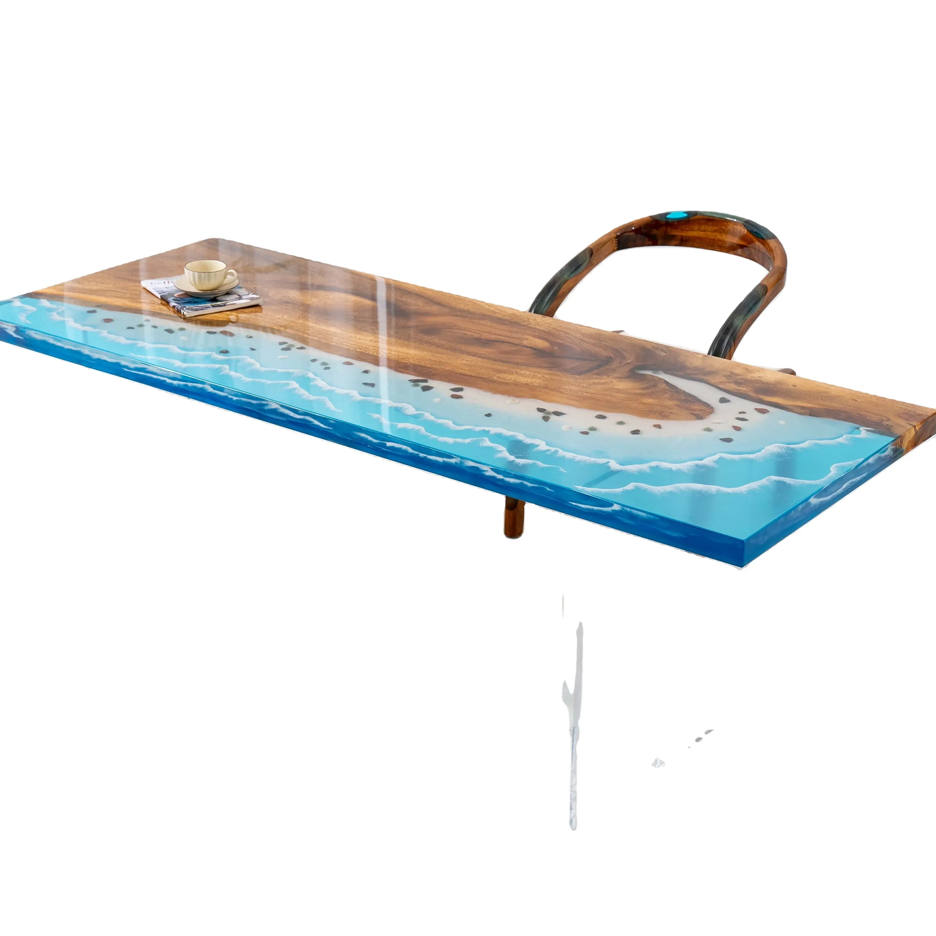 Factory wholesale Customized Beauty Blue Ocean Solid Walnut Wood Slab River Dining Epoxy Resin Table