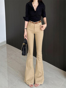Jeans <span class=keywords><strong>kaki</strong></span> taille haute pour femmes pour printemps été extensible évasé coupe ajustée pantalon <span class=keywords><strong>slim</strong></span> jambe large élégant pantalon long respirant - Product Image 2