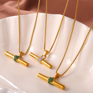 Minimalist <b>T</b> Shape <b>Bar</b> Charm <b>Necklace</b> Shiny Zircon Decor Anti Tarnish Polished Stainless Steel Ladies Daily Accessories - Product Image 2