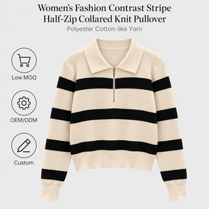 Pull en maille à demi-zip pour femme, manches longues, col rabattu, à rayures contrastées, avec poignets côtelés, collection automne-hiver, OEM ODM - Product Image 1