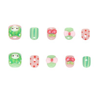 Faux ongles courts 3D mignons pour enfants, motif pastèque et cerise, design de personnage de dessin animé, pour filles, usage quotidien et fêtes, directement de l'usine