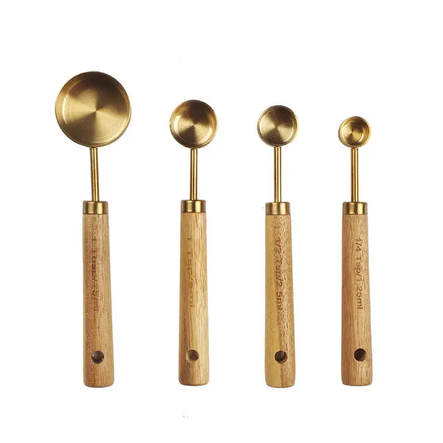 cafe scoop wooden handle set of 4 old-fashioned kitchen baking tool gold vintage measuring cup and spoons gold measuring cup