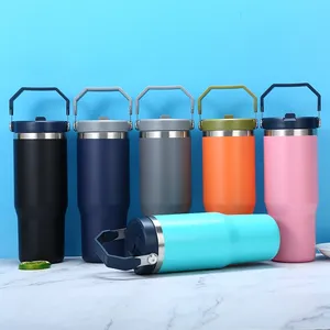 Copos de canudo personalizados iceflow 30 oz, copos de palha clássica de aço inoxidável com canudo e alça tampa