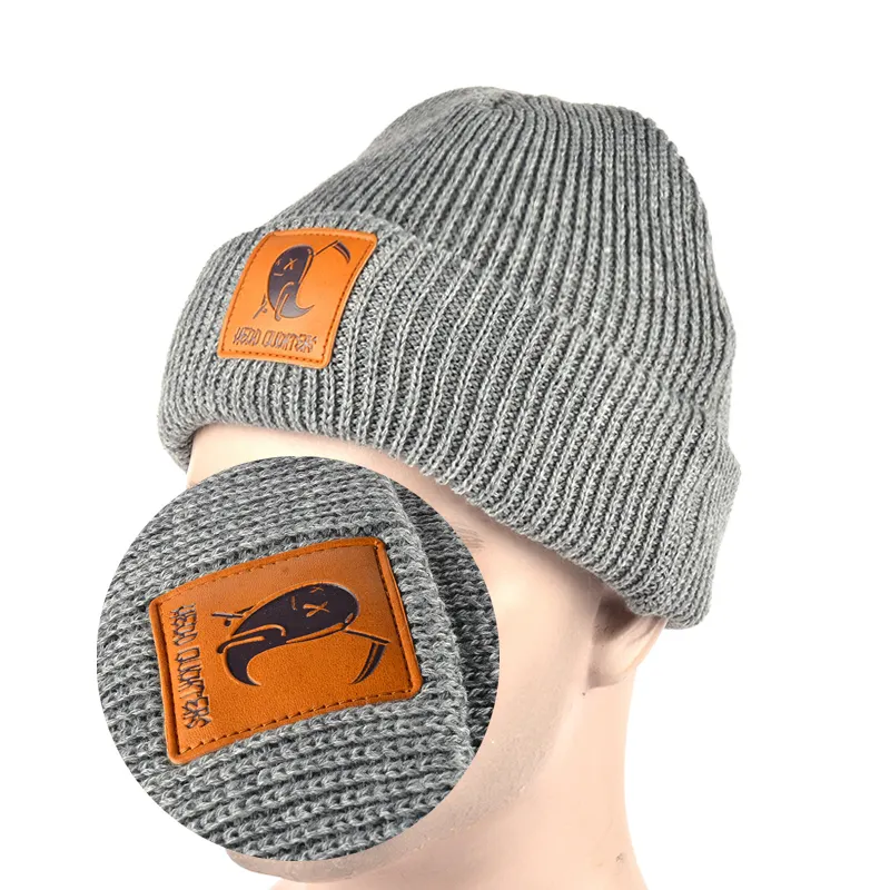 Nuevo invierno cálido invierno unisex gorra sombrero con parche de cuero de las mujeres de punto sombrero de la gorrita tejida