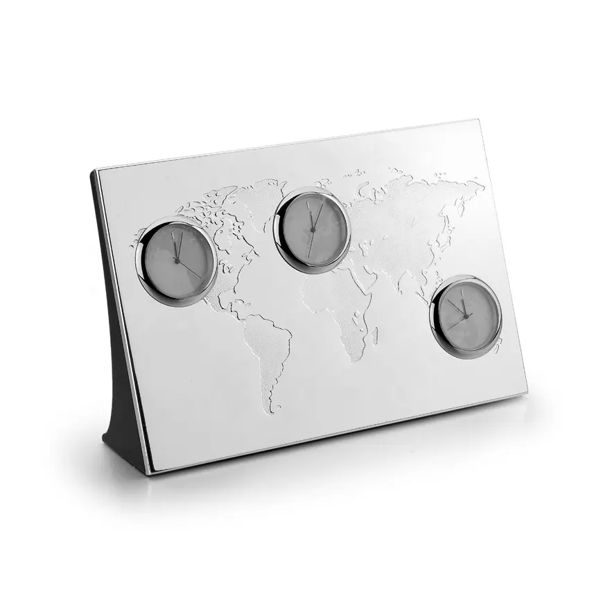 Aanpasbare Verzilverde Metalen Wereldkaart Desktop Klok Met Elegant Design Gravebaar Logo Voor Thanksgiving Geschenken Verpakking