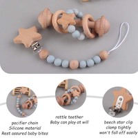 Ensemble hochet et anneau de dentition en bois de hêtre avec clip étoile gonflable et chaîne de sucette en silicone pour apaiser les nouveau-nés