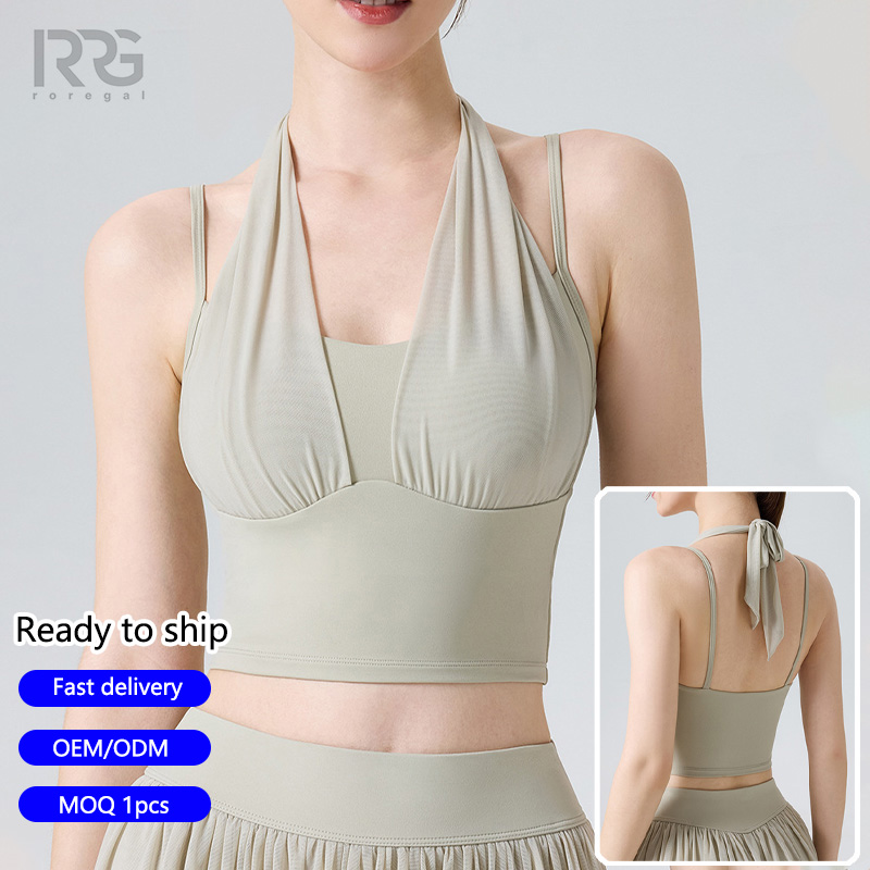 Women's Halter Neck Yoga Tank Top Strappy Hollow Out Workout Camisole Backless Crisscross Sports Bra with Adjustable Ties