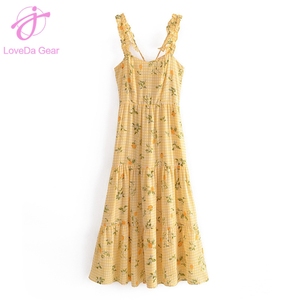 Loveda Wholesale Women Party Wear Casual Sexy High-waisted Checkered <strong>Lemon</strong> <strong>Print</strong> Ruffled Shoulder Strap Suspender <strong>Dress</strong> - Product Image 2