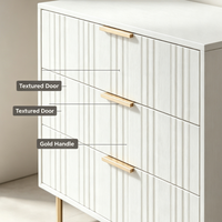 Lemari Laci Minimalis Berpanel Beralur Putih Kayu 6 Laci Kabinet Laci Kaki Emas untuk Kamar Tidur Ruang Tamu Pengatur Rumah
