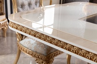 Table à manger classique de style antique haut de gamme, entièrement sculptée à la main, design de salle à manger, couleur blanc et or, avec ensemble de chaises