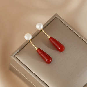 Pendientes de Perlas Naturales 1617 para Mujer, Pendientes Largos de Ágata Roja - Product Image 5