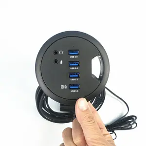 80mm in desk 4 Port USB 3.0 Hub with 3.5mm Audio Mic Phone Jack/BC 1.2 USB Charger for iPhone/Smart Phones with US plug adapter