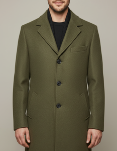Abrigo de lana para hombre, largo, con solapa con muescas, cierre de un solo botón, botones de cuerno, corte regular, verde - Product Image 4