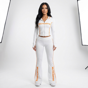 OEM/ODM 2026 Trendy <b>White</b> Women's Tracksuit <b>Set</b> Slim Fit Cropped Zip-Up Hoodie and Flare Pants Orange Piping Athleisure Outfit - Product Image 1