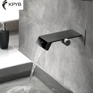 Wall Mounted LED Temperatur Tampilan Digital Pistol Abu-abu Lubang Tunggal Tersembunyi Air Terjun Kamar Mandi Basin Faucet