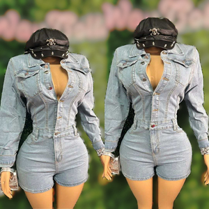 Peeqi F88538 Tuta <span class=keywords><strong>Elegante</strong></span> Casual da Strada con Bottoni e Tasche, Maniche Lunghe, Taglie Forti, Sexy Jeans in Denim per <span class=keywords><strong>Donna</strong></span> - Product Image 1