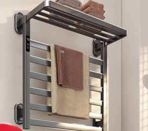 Mini chauffe-serviettes électrique noir avec rail, support en acier, accessoire de salle de bain pour usage domestique, porte-serviettes chauffant pour serviettes humides - Product Image 1