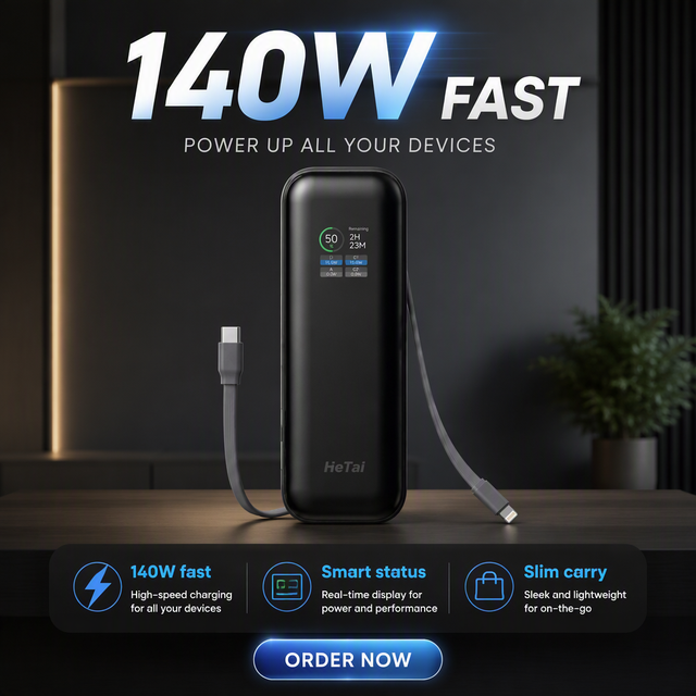 20000mAh Portable Power Bank 140W Super Fast Charging Built in Cable Type C USB a Output TFT Digital Display Portable Laptop