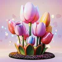 Venta Directa de Fábrica, Esculturas de Plantas de Fibra de Vidrio Personalizadas y Modernas, Marco de Acero, Forma de Ramo de Tulipanes, Impresión 3D, Pintado a Mano con UV