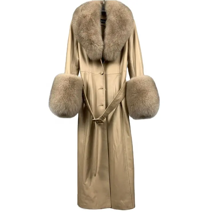 Trench Coat en cuir pour femmes, veste longue en fourrure avec grand col en fourrure, mode printemps