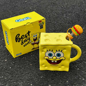 Mug en céramique Spongebob Squarepants Oball créatif et mignon, tasse à café jaune avec couvercle carré et paille burger, 400 ml, cadeau pour la maison et le bureau - Product Image 2