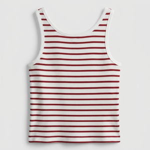 Camiseta sin mangas de punto acanalado a rayas para mujer, cuello redondo, informal, largo regular, patrón blanco y rojo - Product Image 1