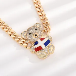 Европейский и американский лидер продаж в стиле хип-хоп 14k позолоченный милый медный плюшевый мишка доминиканский циркон медный кулон и ожерелье