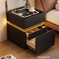 Mesa de Noche Levitante para Dormitorio, Nueva, de Madera Maciza con Acabado en Cuero, Diseño Minimalista Moderno, Compacta e Inteligente con Cargador