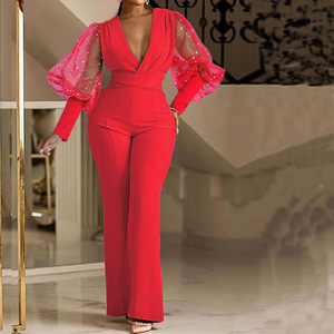 <span class=keywords><strong>Combinaison</strong></span> Femme Scintillante <span class=keywords><strong>à</strong></span> Dentelle et Patchwork, Taille Haute, Col en V, Jambes Larges, Automne Printemps, Coupe Slim Brillante - Product Image 2