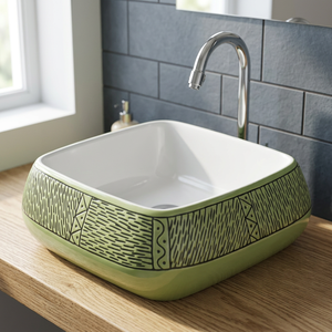 Lavabo de salle de bain moderne en céramique jaune imprimé, petit format, avec finition électroplaquée et motif grain de cuir, idéal pour villas et hôtels - Product Image 5