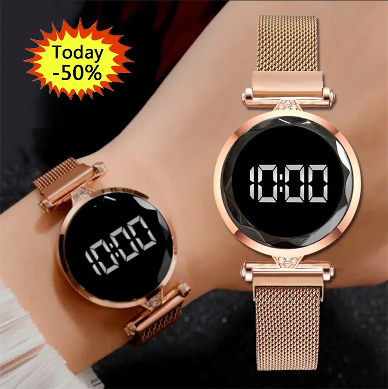 卸売高級Led女性磁気ブレスレットカスタムロゴ時計ローズゴールドデジタル時計クォーツ腕時計レディース