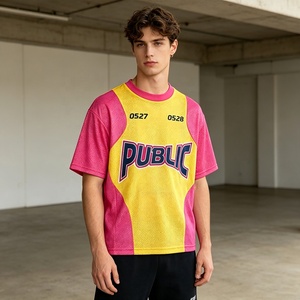 OEM Screen Print Luxury Flat Embroidery Mens T-<b>Shirt</b> Custom Street Style Loose <b>Patchwork</b> O-Neck Breathable Mesh Short Sleeve Tee - Product Image 3