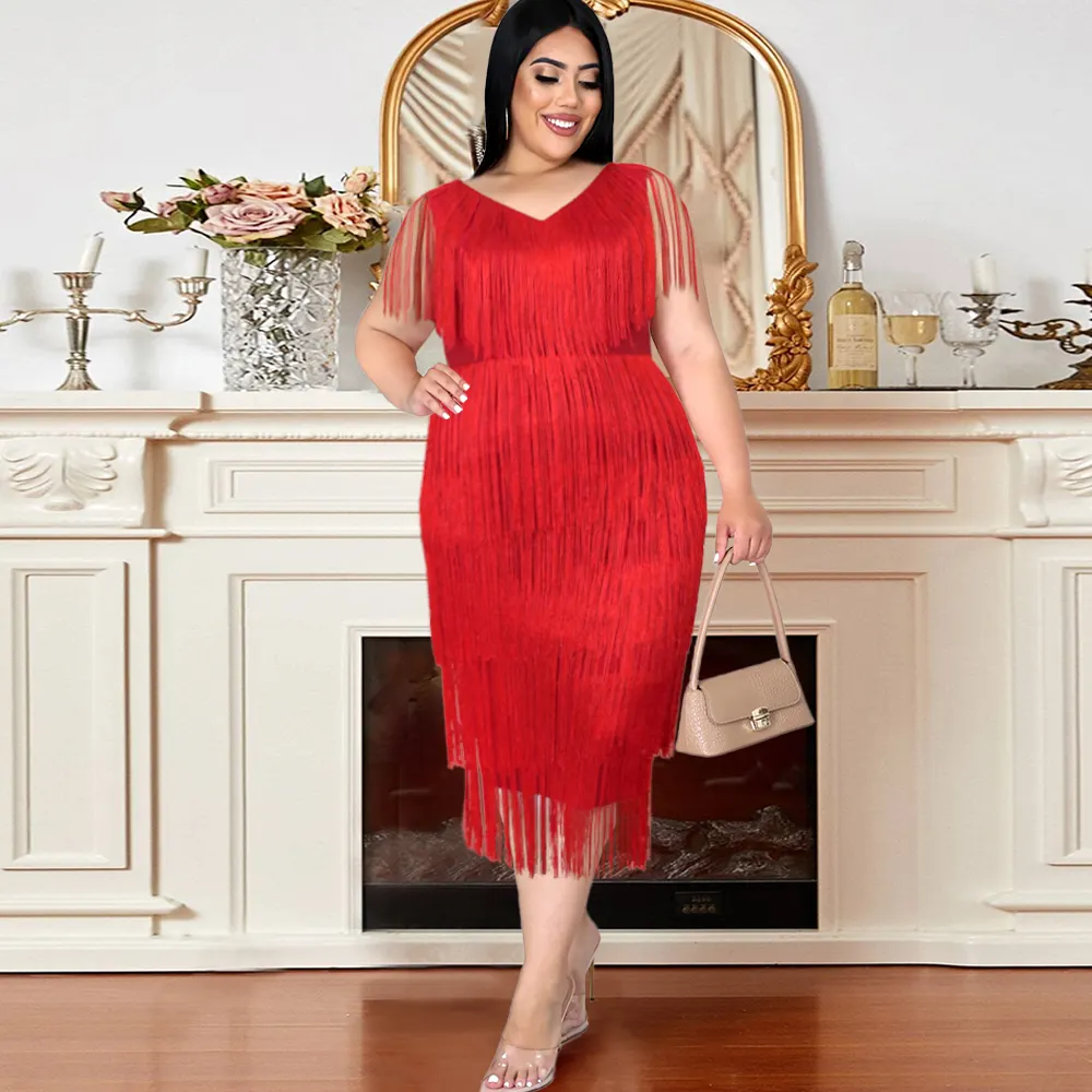 Prom Party Red Sleeveless Plus Size 4XL Tassel Women Cocktail Dress