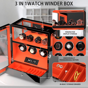 Orange Leather <strong>Box</strong> Luxury 3 6 9 Slots Wooden <strong>Watch</strong> <strong>Winder</strong> <strong>Box</strong> Smart Fingerprint Mechanical <strong>Watch</strong> <strong>Winder</strong> for Men or Women - Product Image 3