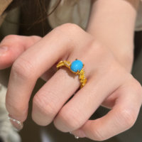Nouvelle Arrivée 925 Sterling Silver Fine Ring Haute Qualité Vintage Plaqué Or Poire Forme Synthétique Bleu Turquoise Unique Vintage