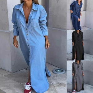 Vestido largo <span class=keywords><strong>de</strong></span> <span class=keywords><strong>mezclilla</strong></span> estilo europeo <span class=keywords><strong>con</strong></span> cuello tipo cárdigan, manga larga, holgado, ultra largo, <span class=keywords><strong>con</strong></span> abertura lateral, tipo <span class=keywords><strong>blusa</strong></span> y <span class=keywords><strong>falda</strong></span>, al por mayor. - Product Image 2