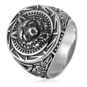 Yunnique – bague tête de loup en acier inoxydable pour hommes, style punk nordique, bijoux du zodiaque animal, cadeau - Product Image 1