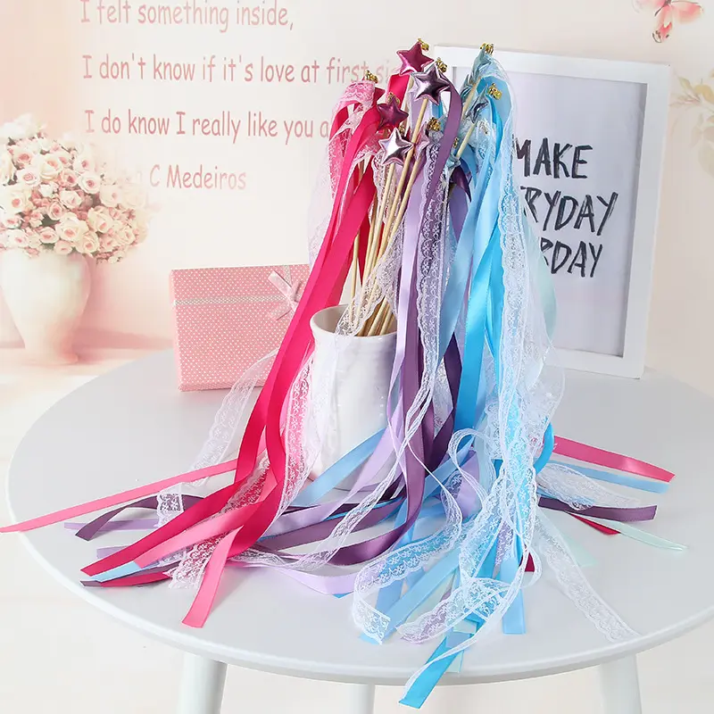 Ins Hot Wedding Stick Wand Star Rotating Ribbon Bells Fairy Stick Magic Colorful Lace Ribbon Wedding Decoration