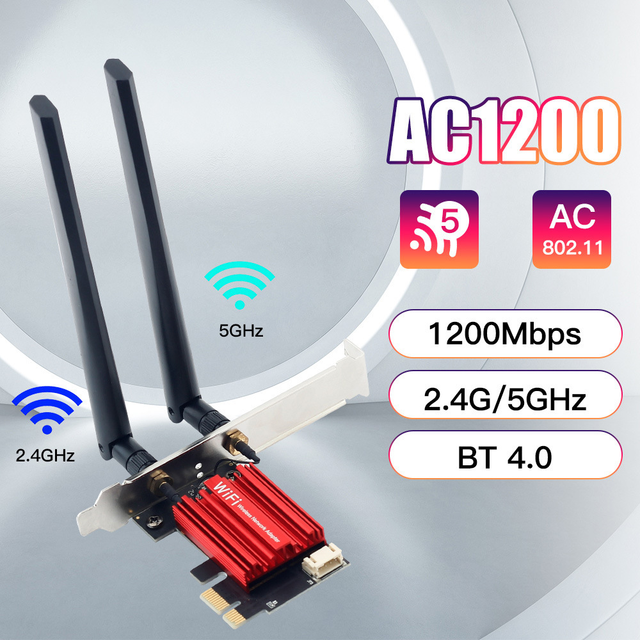 ZGHON Internal WiFi 5 AC1200 Network Card Dual Band 2.4G/5GHz 802.11AC BT 4.0 Desktop Windows 7/8/10/11 PCI-E Wireless Adapter