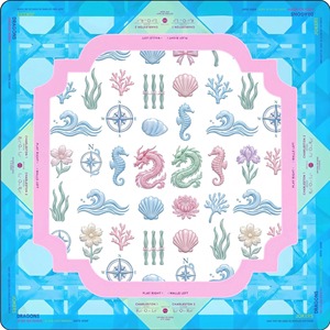 American Mahjong Mat Pink Blue Coastal Ocean Theme Mahjong Table Mat with Sea Shells Seahorses Coral Dragons and Compass Design - Product Image 1