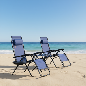 Chaise longue pliante avec porte-gobelet et coussin, chaise de plage inclinable d'extérieur, structure en métal, assise en tissu, design moderne - Product Image 2