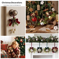 Ornamen Gantung Karangan Bunga Natal Mini dengan Pita Beludru, Lonceng, Kerucut Pinus, Buah Berry, Tanaman Hijau Buatan, Selamat Natal