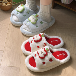 Chaussons en fourrure à motif pomme mignons, à bout ouvert, pour femmes et hommes, automne-hiver, doux, chauds, antidérapants en EVA, pour la maison et l'intérieur - Product Image 4