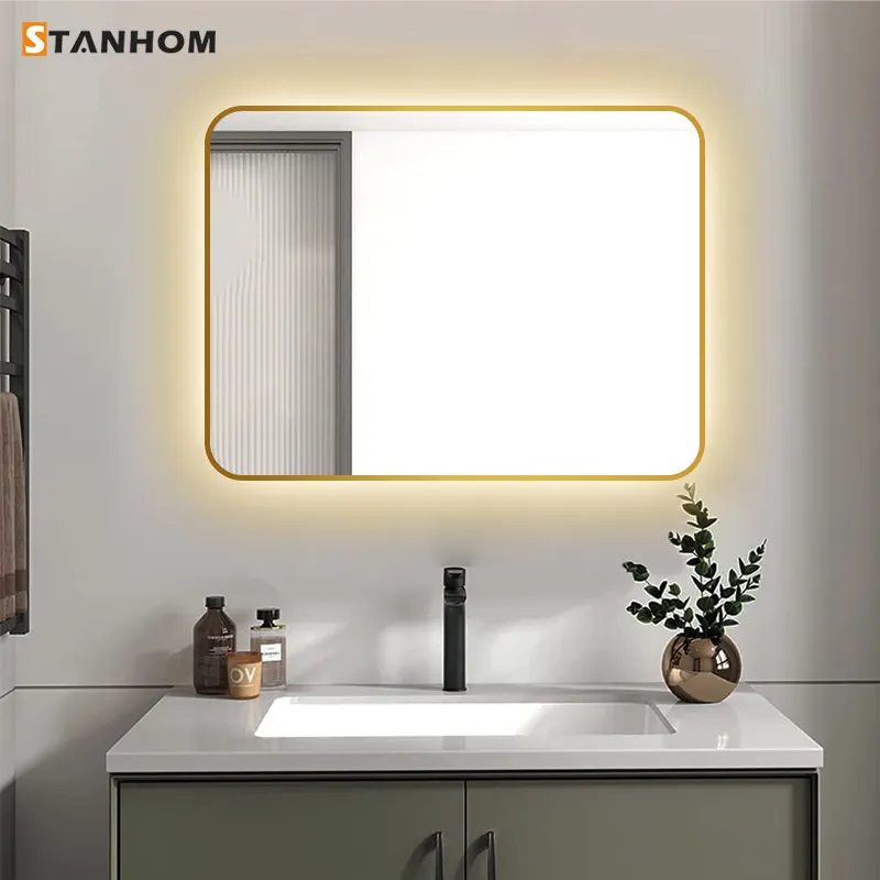 Stanhom กระจกโต๊ะเครื่องแป้งมีกรอบ LED สีทองเรืองแสงในห้องน้ำ