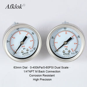 مقياس ضغط جاف مزدوج المقياس 63 مم من الفولاذ المقاوم للصدأ 304، نطاق 0-400 كيلوباسكال/0-60 رطل لكل بوصة مربعة، وصلة خلفية 1/4"NPT <span class=keywords><strong>M</strong></span> للاستخدام الصناعي - Product Image 1