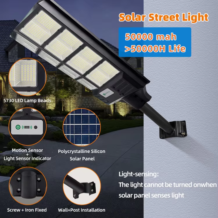 High Quality ABS Housing LED Solar Streetlight IP65 Waterproof DC 6V Remote Controlled 300-500W CE Certified 6500K 120 Beam